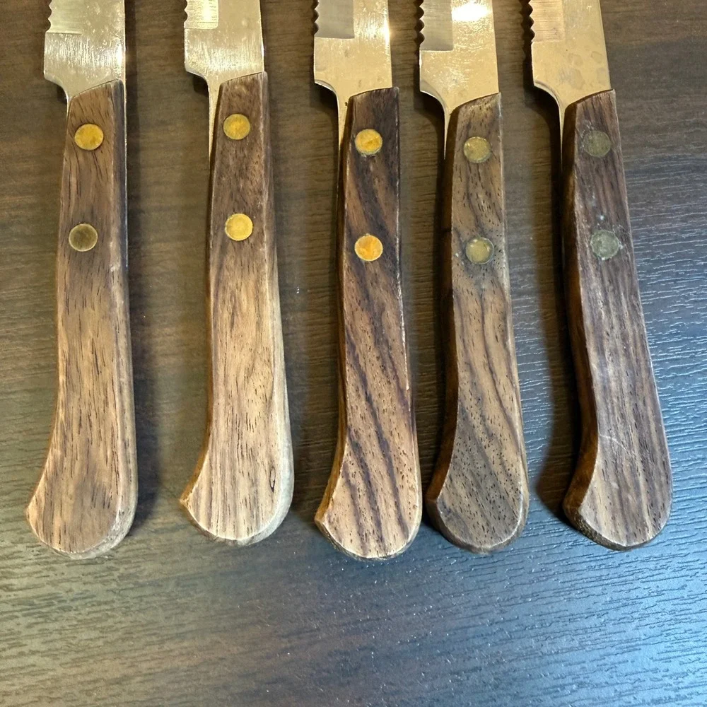 Vintage LC Japan Stainless Steel Serrated Steak Knives Wood Handle Set of 5